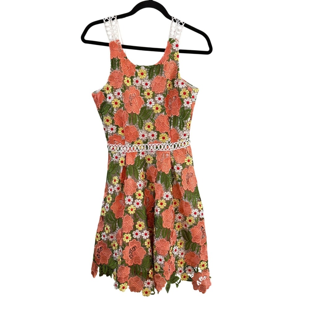 Hale Bob Floral Guipure Lace Mini Dress Coral Yellow Green Sleeveless Zip Back S